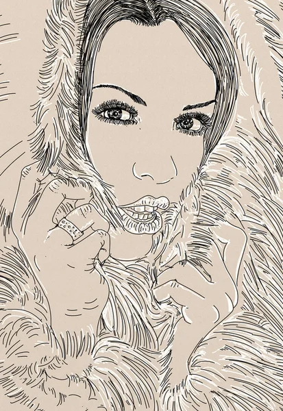 Uma Ilustração Retrato Uma Mulher Com Olhar Tímido Cabelo Bobinado — Fotografia de Stock