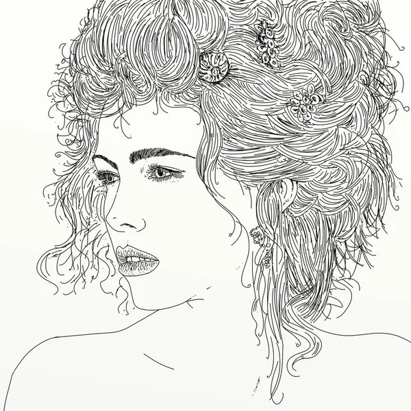 Ilustrace Portrétu Ženy Ostýchavým Pohledem Pohupujícími Vlasy — Stock fotografie