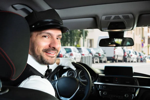 Portrait Happy Male Chauffeur Sitting Car — Stock Photo, Image