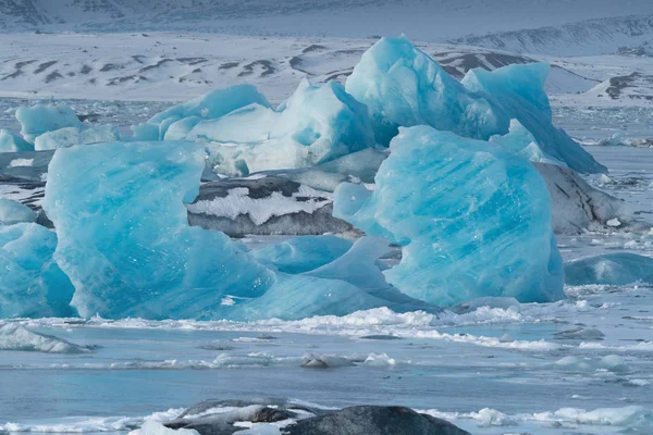 Panorámás Kilátás Gleccserre Lagúna Joekulsarlon Jéghegyek Háttérben Gleccser Tél Izland — Stock Fotó