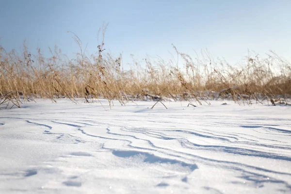 Coperto Neve Chiusa Nel Vento Con Derive Sembra Dune — Foto Stock