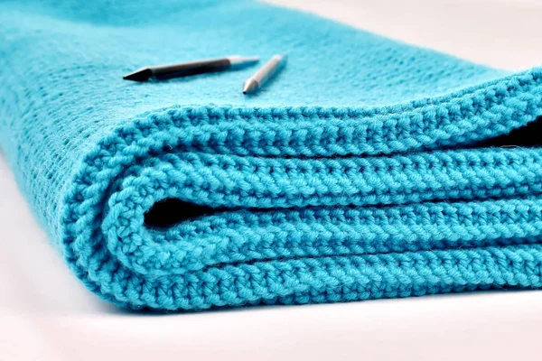 Self Knitted Wool Blanket Made Blue Cotton — Stock Photo, Image