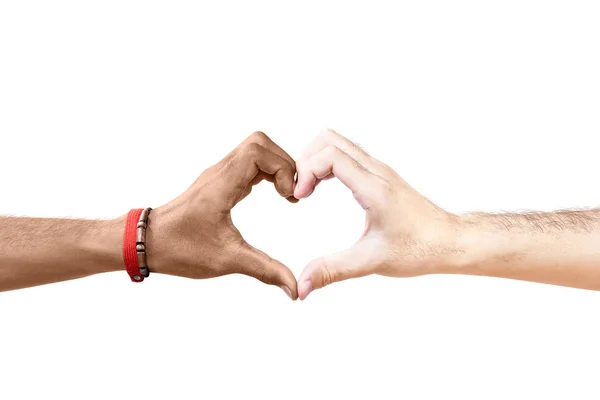 Ζευγάρι Των Γκέι Κάνοντας Ένα Σημάδι Καρδιάς Χέρι Απομονώνονται Λευκό — Φωτογραφία Αρχείου