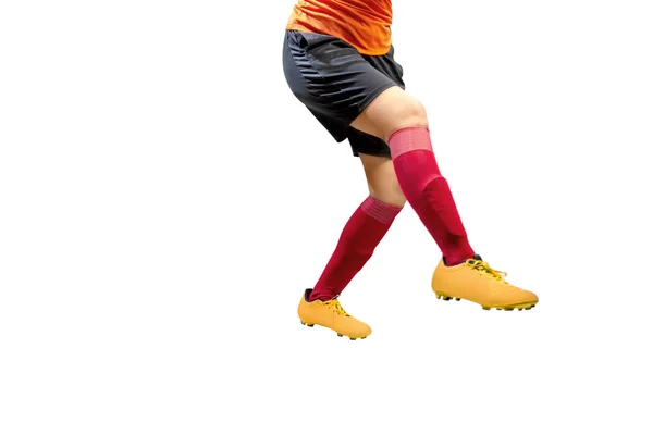 足球运动员妇女在橙色球衣踢球摆姿势隔绝在白色背景 — 图库照片