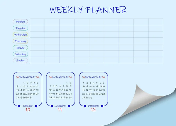 School Business Calendar Fourth Quarter 2019 Blank Weekly Planner Light — Stock Photo, Image