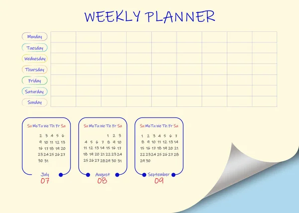 School Business Calendar Third Quarter 2019 Blank Weekly Planner Light — Stock Photo, Image