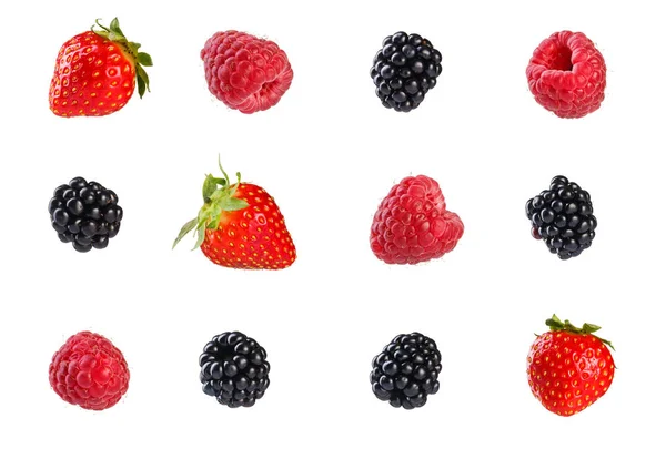 Collection Fresh Mixed Berries Isolated White Background — Stock Photo, Image