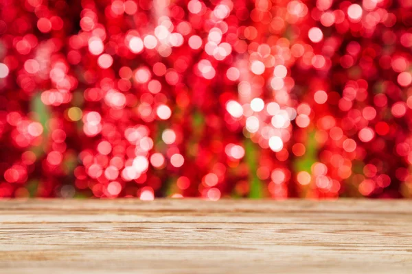 Lege Houten Tafel Feestelijke Bokeh Achtergrond Kerstmis Bruiloft Valentijnsdag Concept — Stockfoto