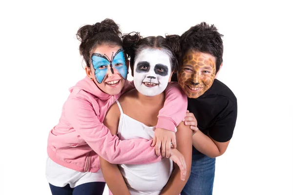 Grupo Niños Con Pintura Facial Animal Aislada Blanco — Foto de Stock