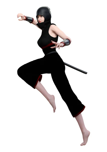 Τρισδιάστατη Απεικόνιση Του Ένα Θηλυκό Ninja Που Απομονώνονται Λευκό Φόντο — Φωτογραφία Αρχείου