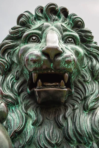 Lejonstatyn Åldras Närbild Huvudet Bronsskulptur Ett Lejon Stor Brons Lejon — Stockfoto