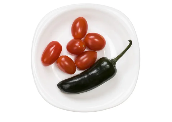 Single Green Jalapeno Pepper Tomato Cherry Plate Isolated White Background — Stock Photo, Image