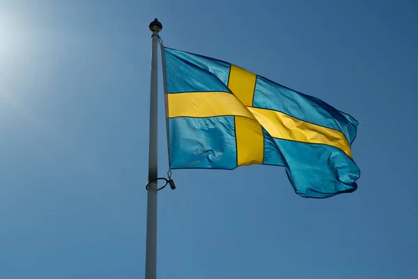 Flag Sweden Close Waving Wind Clear Blue Sky — Stock Photo, Image