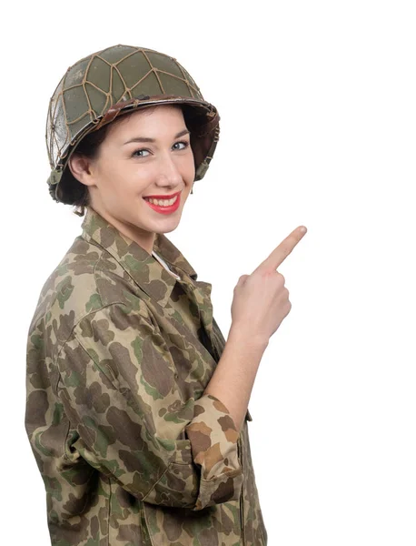 Una Joven Vestida Con Uniforme Militar Ww2 Americano Mostrando Letrero — Foto de Stock