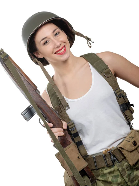 Jolie Jeune Femme Habillée Uniforme Militaire Wwii Avec Casque Fusil — Photo