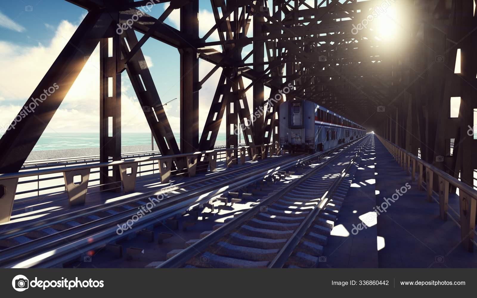 High Speed Train Train Passes Railway Bridge Sunrise Public Transport ...