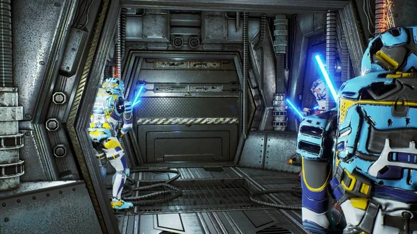 レーザー剣を持つ宇宙飛行士は 宇宙船のエイリアンロボット侵略者への待ち伏せに隠れていました 超現実的なSfコンセプト — ストック写真