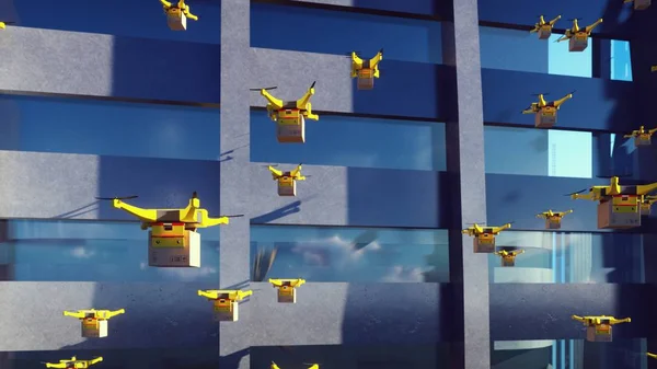 Entrega Autônoma Encomendas Por Uma Frota Drones Não Tripulados Voando — Fotografia de Stock