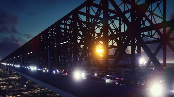 Железнодорожный Мост Ночными Автомобилями Огни Закате Против Голубого Неба Моря — стоковое фото