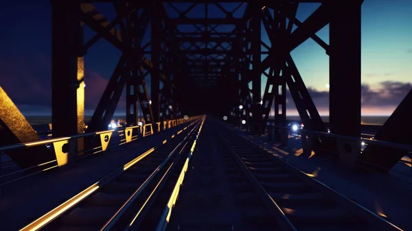 Залізничний Міст Нічними Автомобілями Запалює Заході Сонця Блакитне Небо Море — стокове фото