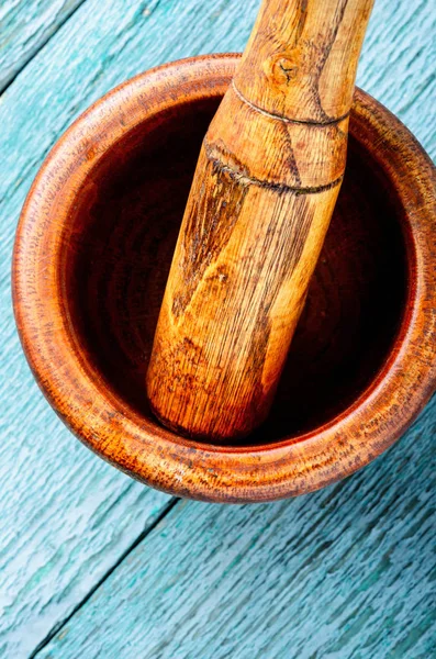 Empty wooden mortar and pestle on wooden old background