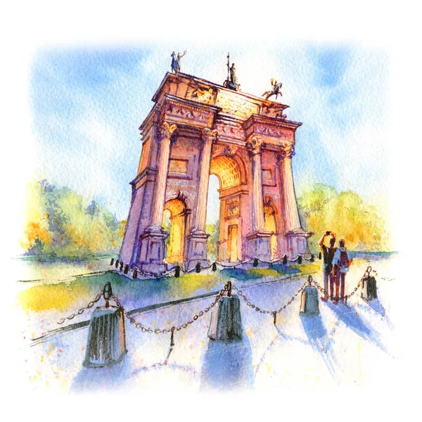 Watercolor Sketch Arch Peace City Gate Old Town Milan Sunny — Stock Photo, Image