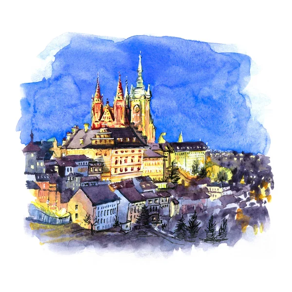 Watercolor Sketch Prague Castle Hradcany Little Quarter Old Town Night — Stock Photo, Image