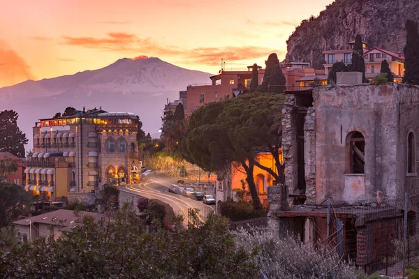 Ätna Vulkan Bei Sonnenuntergang Von Taormina Sizilien Aus Gesehen — Stockfoto