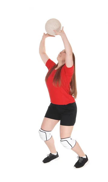 Young Teenage Girl Standing Studio Catching Ball Her Head Her — Stock Photo, Image