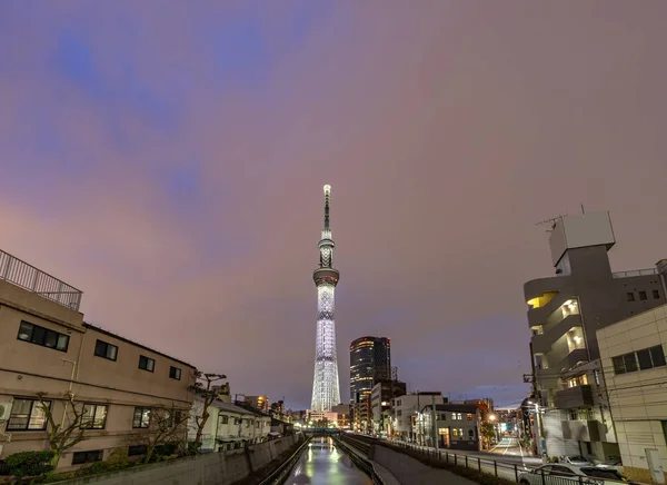 东京天树日落在日本 东京晴空塔是日本最高的独立建筑 也是世界第二的建筑 每年有超过1000万游客 — 图库照片