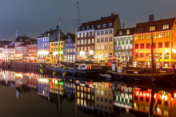 Köpenhamn Nyhavn Hamn Köpenhamn Natten Danmark — Stockfoto