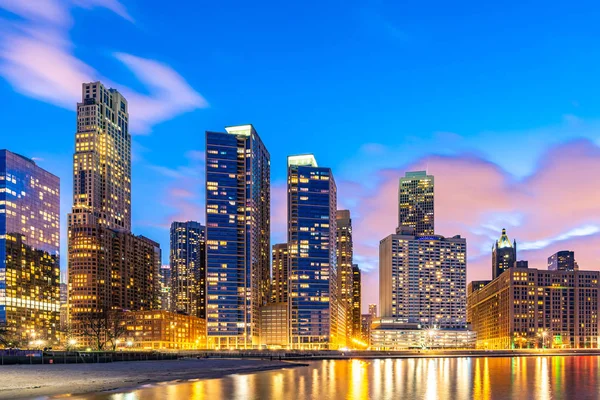 Solnedgång Chicago Skylines Byggnad Chicago Downtown Längs Lake Michigan Chicago — Stockfoto