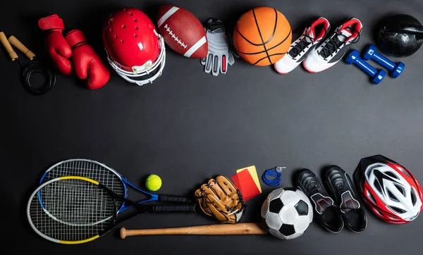 High Angle View Various Sport Equipment Black Background — стоковое фото