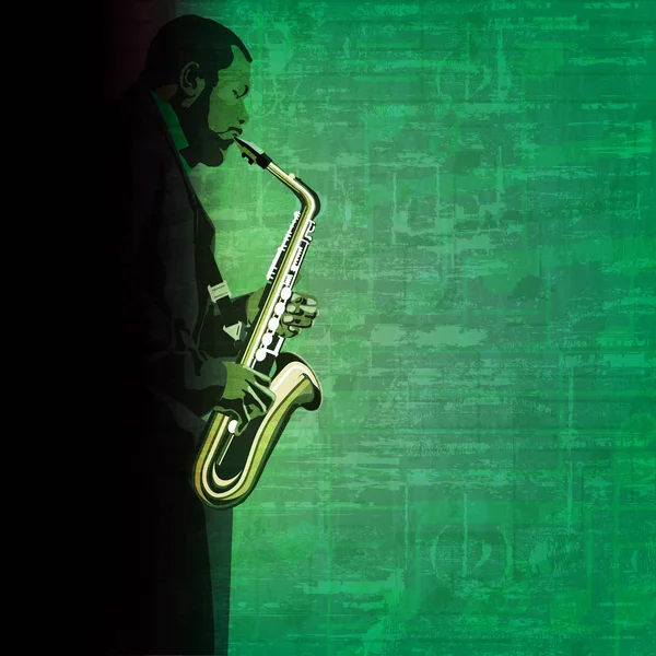 绿色背景的萨克斯风演奏者的抽象音乐插图 — 图库照片