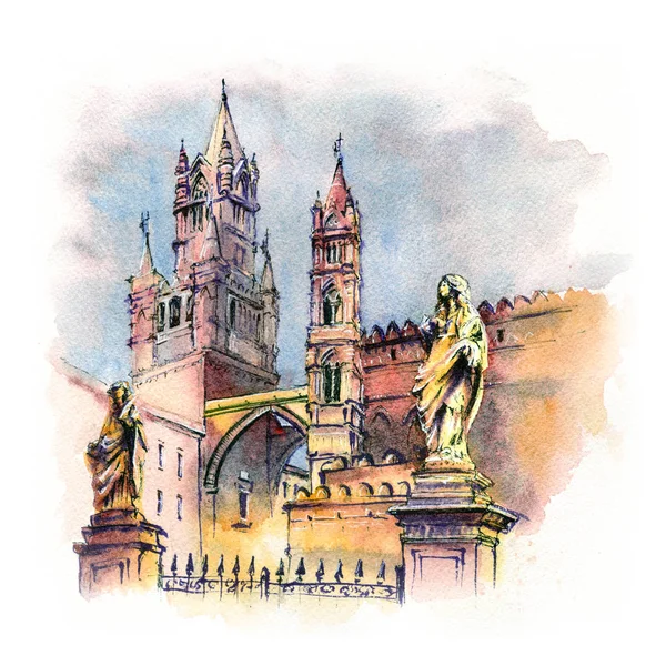 Akvarell Vázlat Metropolitan Cathedral Mennybemenetele Szűz Mária Palermóban Reggel Szicília — Stock Fotó
