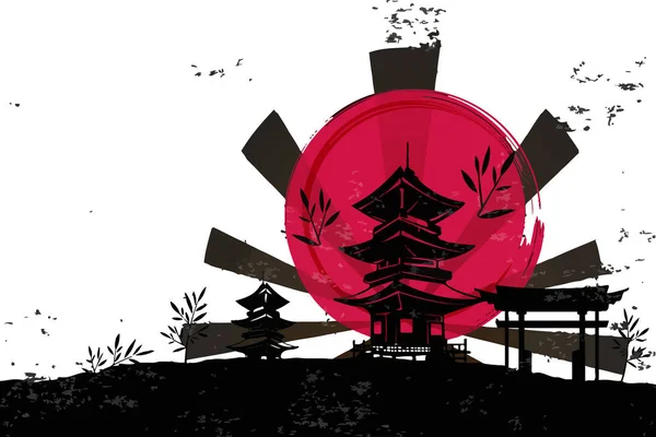 Japan Pagoda Sunrise Red Oriental Traditional Culture Silhouette Illustration — Stock Photo, Image