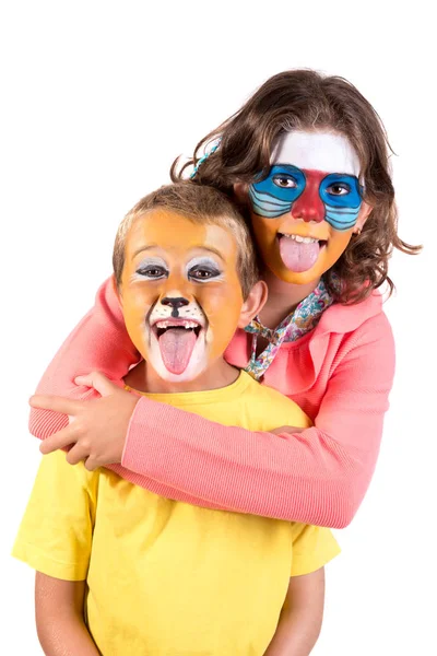 Children Couple Animal Face Paint Isolated White — Stock Photo, Image