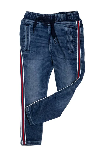 Modieuze Denim Kleding Trendy Stretch Blauwe Jeans Broek Met Zijdelingse — Stockfoto