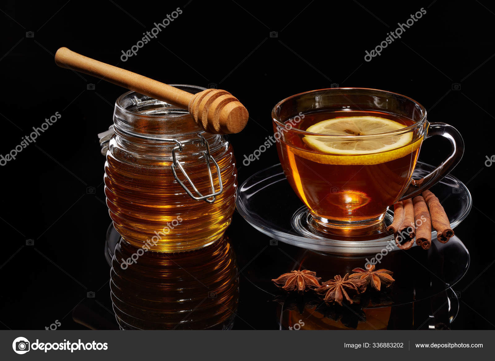 Мед Стеклянном Чайнике Чашку Чая Имбирем Корицей Анисом Лимоном.