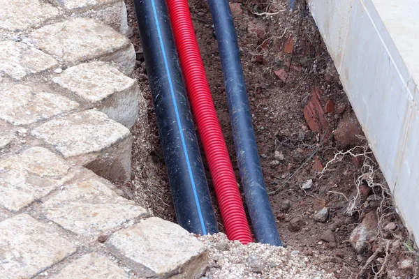 Pipes Cables Being Laid Driveway — Stock Photo, Image