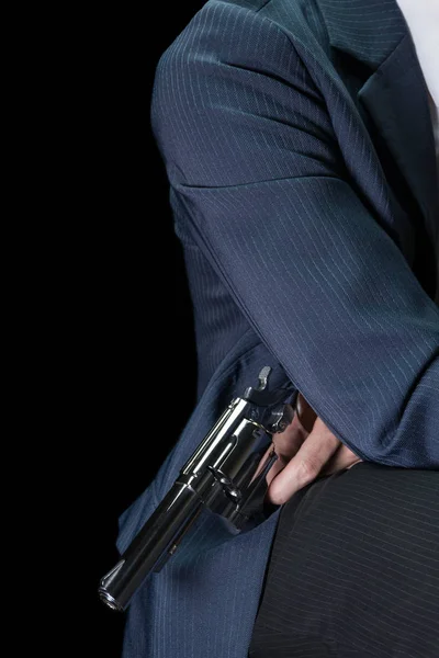 Man Hold Roestvrij Pistool Schutter Hand Side Body Shoot Hieronder — Stockfoto