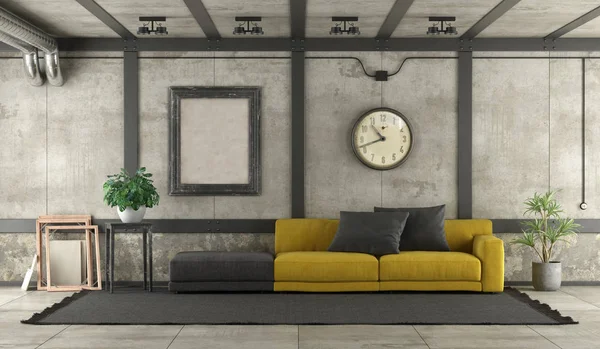 Zwarte Gele Sofa Loft Met Betonnen Muur Ijzeren Elementen Rendering — Stockfoto