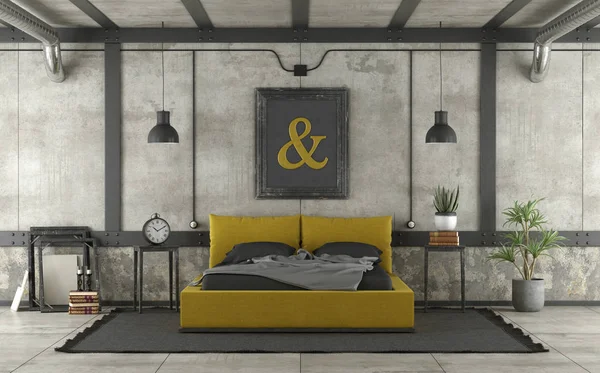 Cama Casal Preta Amarela Loft Com Elementos Parede Concreto Ferro — Fotografia de Stock