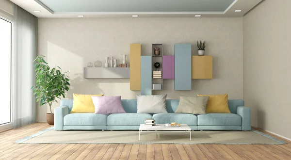Arka Planda Kanepe Kitaplık Ile Pastel Renklerde Modern Oturma Odası — Stok fotoğraf