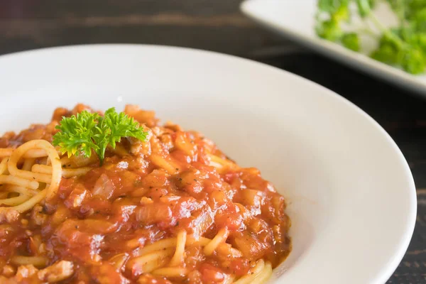 Molho Tomate Espaguete Com Salsa Cebola Porco Molho Tomate Espaguete — Fotografia de Stock