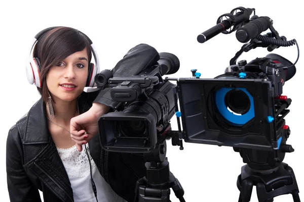 Jeune Femme Souriante Avec Caméra Vidéo Professionnelle Isolée Sur Fond — Photo