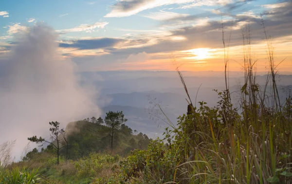 Phu Nom Phu Langka National Park Com Sunset Fog Sky — Fotografia de Stock