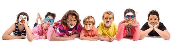 Grupo Crianças Avó Todos Com Pintura Facial Animal Isolada Branco — Fotografia de Stock