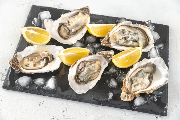 Raw Oysters Slate Board Close — Stock Photo, Image