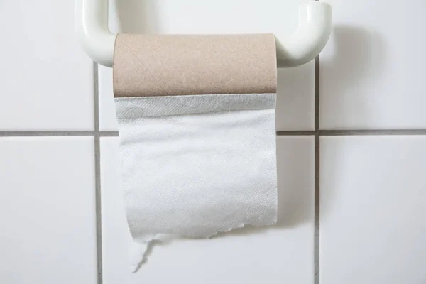 Tuvaletteki Bitirilmiş Tuvalet Kağıdı Rulosunun Yakın Çekimi — Stok fotoğraf